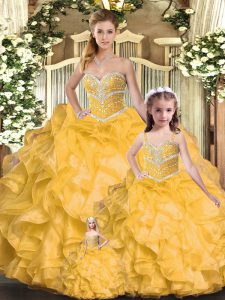 Sleeveless Floor Length Beading and Ruffles Lace Up Vestidos de Quinceanera with Gold