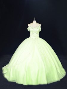 Clearance Yellow Green Ball Gowns Off The Shoulder Sleeveless Tulle Court Train Lace Up Beading Quinceanera Dresses