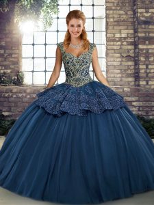 Best Selling Ball Gowns Sweet 16 Quinceanera Dress Navy Blue Straps Tulle Sleeveless Floor Length Lace Up