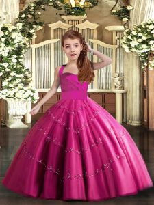 Excellent Fuchsia Tulle Lace Up Straps Sleeveless Floor Length Girls Pageant Dresses Beading