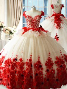 Flare Red Ball Gowns Hand Made Flower Party Dresses Zipper Tulle Sleeveless