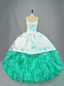 Decent Sweetheart Sleeveless Organza Quinceanera Gowns Embroidery and Ruffles Lace Up
