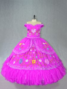Vintage Fuchsia Ball Gowns Embroidery Quinceanera Dresses Lace Up Satin Sleeveless Floor Length