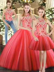Floor Length Red Sweet 16 Quinceanera Dress Tulle Sleeveless Embroidery