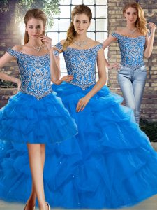 Blue Sleeveless Tulle Brush Train Lace Up Vestidos de Quinceanera for Military Ball and Sweet 16 and Quinceanera