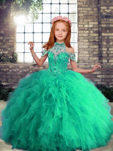 Beautiful Halter Top Sleeveless Lace Up Kids Pageant Dress Turquoise Tulle