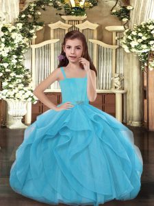 Sleeveless Floor Length Ruffles Lace Up Pageant Dress for Girls with Blue