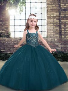 Excellent Floor Length Teal Pageant Dress for Girls Straps Long Sleeves Lace Up