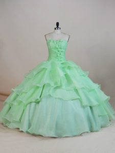 Apple Green 15 Quinceanera Dress Sweet 16 and Quinceanera with Ruffled Layers and Ruching and Hand Made Flower Sweetheart Sleeveless Lace Up