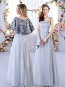 Appliques Dama Dress for Quinceanera Grey Lace Up Sleeveless Floor Length