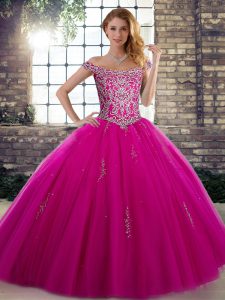 Fuchsia Ball Gowns Off The Shoulder Sleeveless Tulle Floor Length Lace Up Beading Sweet 16 Dresses