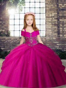 Excellent Fuchsia Tulle Lace Up Straps Sleeveless Floor Length Little Girls Pageant Gowns Beading
