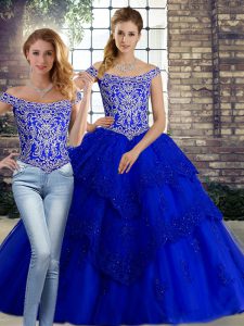 Off The Shoulder Sleeveless Brush Train Lace Up Sweet 16 Quinceanera Dress Royal Blue Tulle