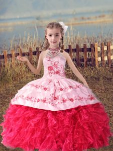 Admirable Coral Red Organza Lace Up Halter Top Sleeveless Floor Length Little Girl Pageant Gowns Beading and Embroidery and Ruffles