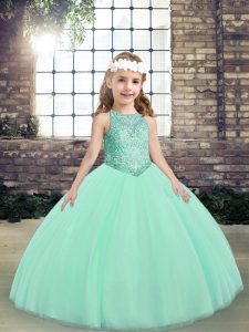 Apple Green Ball Gowns Beading Pageant Dresses Lace Up Tulle Sleeveless Floor Length