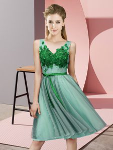 Apple Green Vestidos de Damas Wedding Party with Appliques V-neck Sleeveless Lace Up