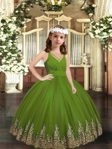 Perfect Olive Green V-neck Zipper Appliques Pageant Dress Toddler Sleeveless