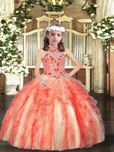 Ball Gowns Little Girls Pageant Gowns Orange Red Halter Top Tulle Sleeveless Floor Length Lace Up