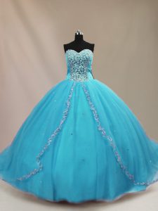Aqua Blue Sleeveless Court Train Beading Ball Gown Prom Dress