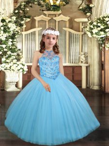 New Style Aqua Blue Scoop Neckline Beading Child Pageant Dress Sleeveless Lace Up