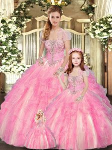 Glorious Floor Length Baby Pink Quinceanera Dresses Tulle Sleeveless Beading and Ruffles