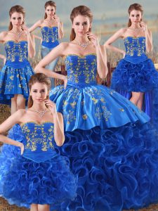 Custom Designed Royal Blue Fabric With Rolling Flowers Lace Up 15 Quinceanera Dress Sleeveless Floor Length Embroidery