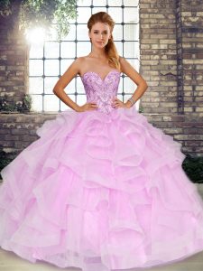 Lilac Lace Up Quinceanera Dresses Beading and Ruffles Sleeveless Floor Length