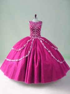 New Arrival Tulle Scoop Sleeveless Zipper Beading and Appliques Sweet 16 Dress in Fuchsia