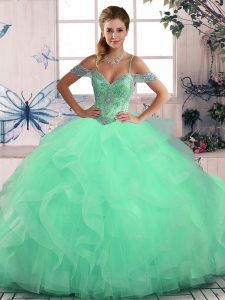 On Sale Off The Shoulder Sleeveless Sweet 16 Quinceanera Dress Floor Length Beading and Ruffles Apple Green Tulle