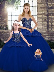 Most Popular Royal Blue Sweetheart Lace Up Beading and Appliques Sweet 16 Dresses Sleeveless