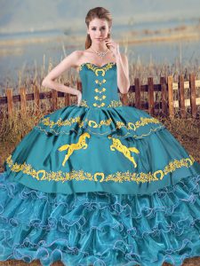 Floor Length Lace Up Ball Gown Prom Dress Blue for Sweet 16 and Quinceanera with Embroidery and Ruffles Brush Train