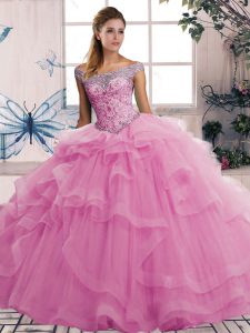 Sleeveless Tulle Floor Length Lace Up Quinceanera Dresses in Rose Pink with Beading and Ruffles