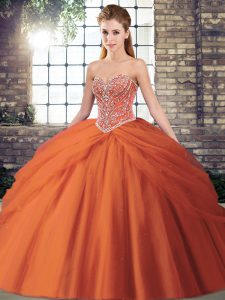 Orange Red Ball Gown Prom Dress Military Ball and Sweet 16 and Quinceanera with Beading and Pick Ups Sweetheart Sleeveless Brush Train Lace Up