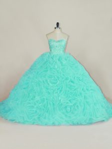 High End Sweetheart Sleeveless Fabric With Rolling Flowers Ball Gown Prom Dress Beading and Ruffles Court Train Lace Up