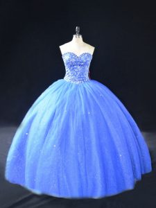 Floor Length Blue Quinceanera Dresses Tulle Sleeveless Beading