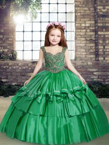 Sleeveless Taffeta Floor Length Lace Up Pageant Dress for Teens in Green with Beading