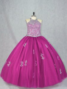 Halter Top Sleeveless Tulle Quinceanera Dress Beading and Appliques Lace Up