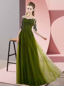 Dramatic Olive Green Half Sleeves Floor Length Beading and Lace Lace Up Vestidos de Damas