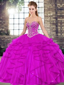 Fuchsia Ball Gowns Beading and Ruffles Military Ball Dresses For Women Lace Up Tulle Sleeveless Floor Length