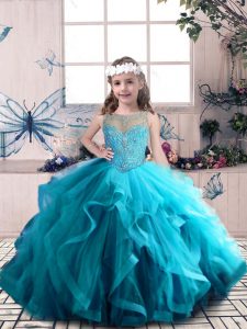 Super Blue Lace Up Girls Pageant Dresses Beading and Ruffles Sleeveless Floor Length