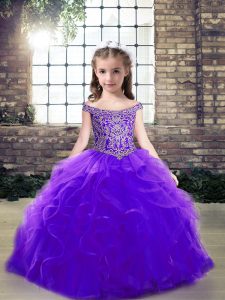 Stunning Purple Lace Up Pageant Dress for Girls Beading and Ruffles Sleeveless Floor Length