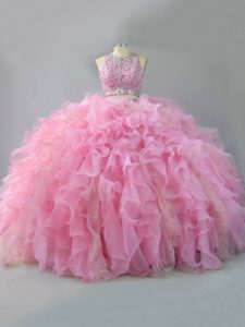 Sleeveless Organza Floor Length Lace Up Vestidos de Quinceanera in Pink with Beading and Ruffles