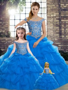 Blue Ball Gowns Beading and Pick Ups Quinceanera Gown Lace Up Tulle Sleeveless