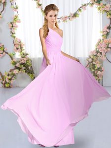 Modest Lilac Lace Up Quinceanera Court of Honor Dress Ruching Sleeveless Floor Length