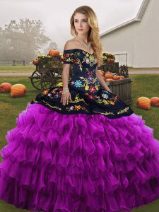 Colorful Off The Shoulder Sleeveless Lace Up Sweet 16 Quinceanera Dress Black And Purple Organza