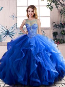 Floor Length Royal Blue Quinceanera Dresses Tulle Sleeveless Beading and Ruffles