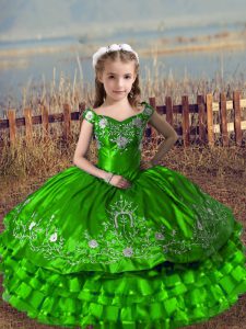 Ball Gowns Little Girl Pageant Gowns Green Off The Shoulder Satin and Organza Sleeveless Floor Length Lace Up
