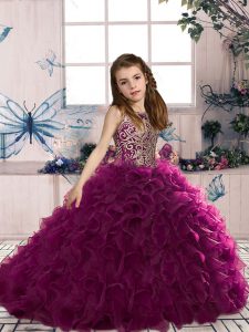 Gorgeous Fuchsia Sleeveless Floor Length Beading and Ruffles Lace Up Little Girls Pageant Dress Wholesale