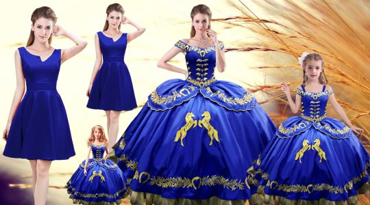 Royal Blue Satin Lace Up Sweet 16 Dress Sleeveless Floor Length Embroidery