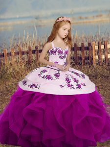 Fuchsia Sleeveless Floor Length Embroidery and Ruffles Lace Up Little Girls Pageant Gowns